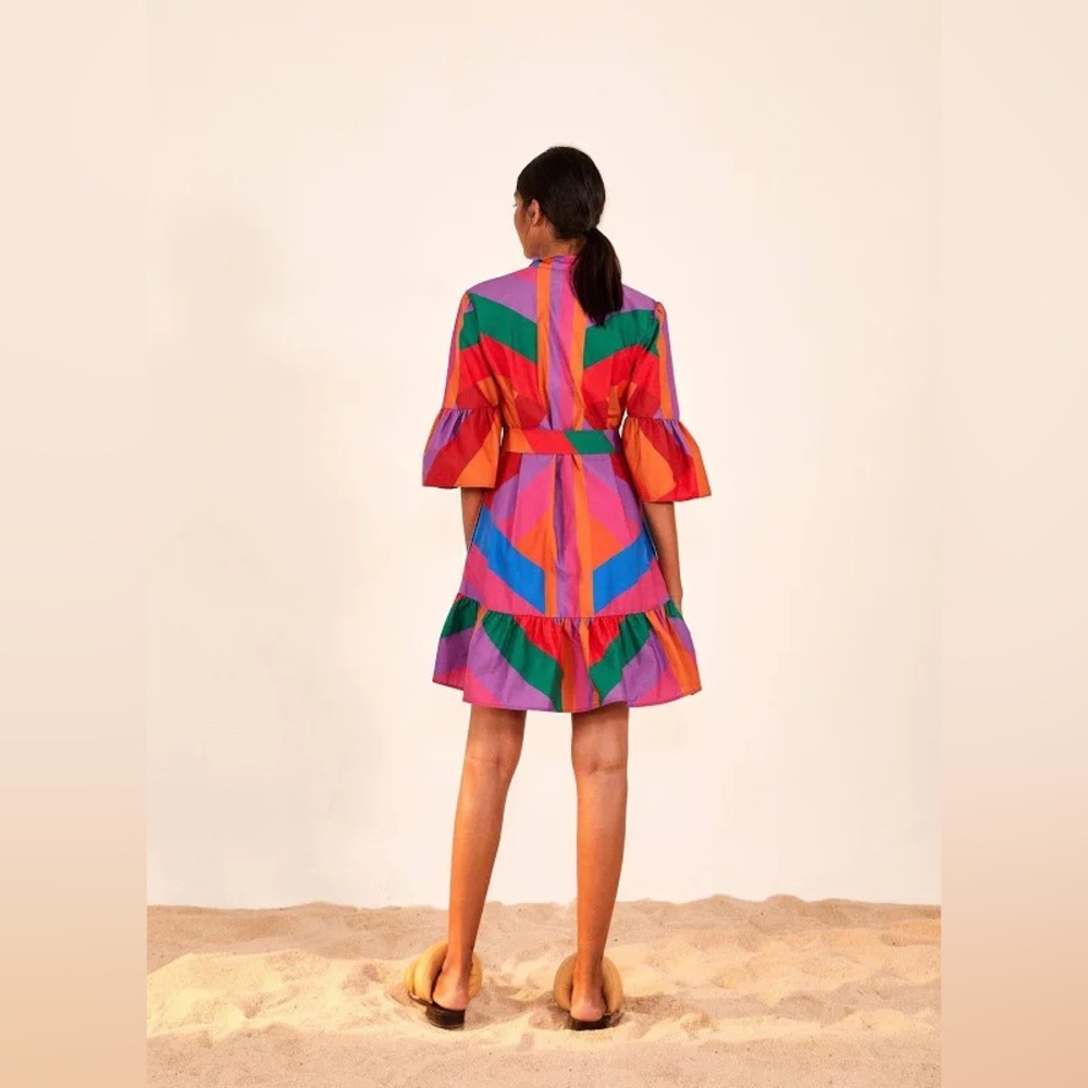 FARM Rio Amanda Stripes Mini Ruffle Buttoned Mock Neck Bell Sleeve Dress - Picture 10 of 15